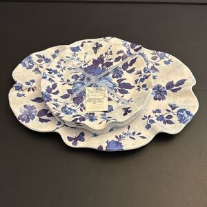 5pc SHABBY CHIC Blue and White Floral Serving Tray/Salad Plates -Scalloped Edges